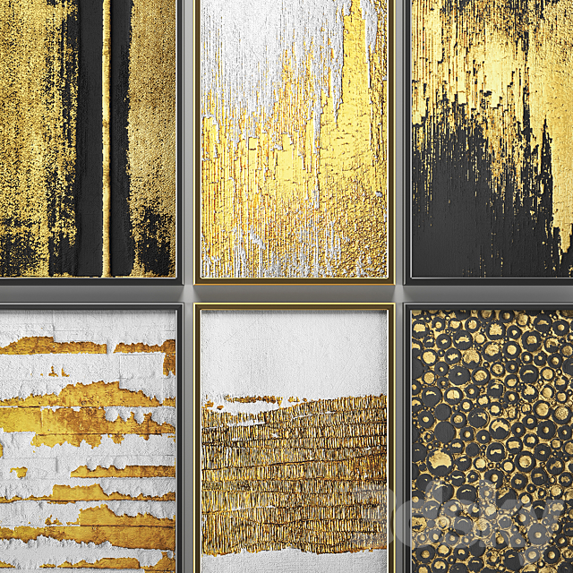 A collection of paintings. Gold. 6. wall decor a set of paintings luxury panels gold white black set decorative abstraction pattern 3ds Max - thumbnail 2