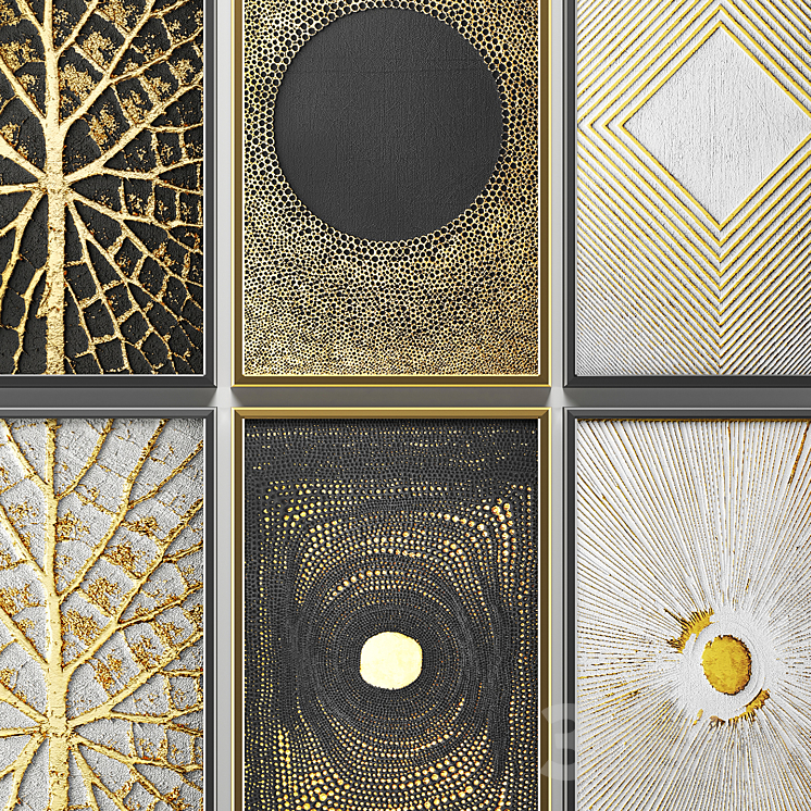 A collection of paintings. Gold. eight. wall decor a set of paintings luxury panels gold white black set decorative abstraction pattern 3DS Max - thumbnail 2