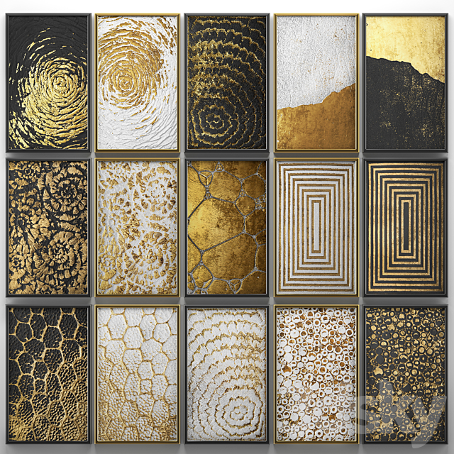 A collection of paintings. Gold. five.  wall decor. a set of paintings. luxury. panels. gold. white. black. set. decorative. abstraction. pattern 3DSMax File - thumbnail 1