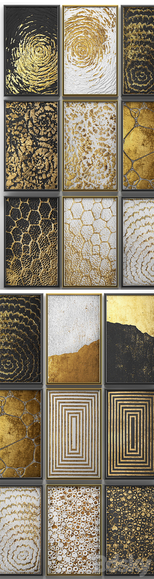 A collection of paintings. Gold. five.  wall decor. a set of paintings. luxury. panels. gold. white. black. set. decorative. abstraction. pattern 3DSMax File - thumbnail 2