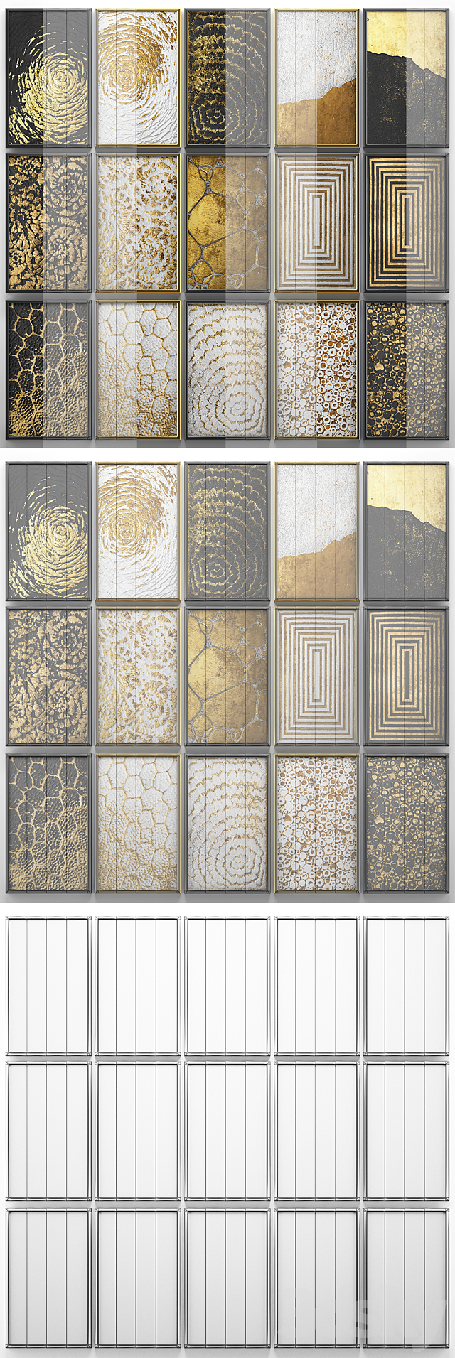 A collection of paintings. Gold. five.  wall decor. a set of paintings. luxury. panels. gold. white. black. set. decorative. abstraction. pattern 3DSMax File - thumbnail 3