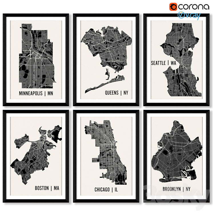 A series of posters with maps of cities and regions. 3DS Max - thumbnail 1