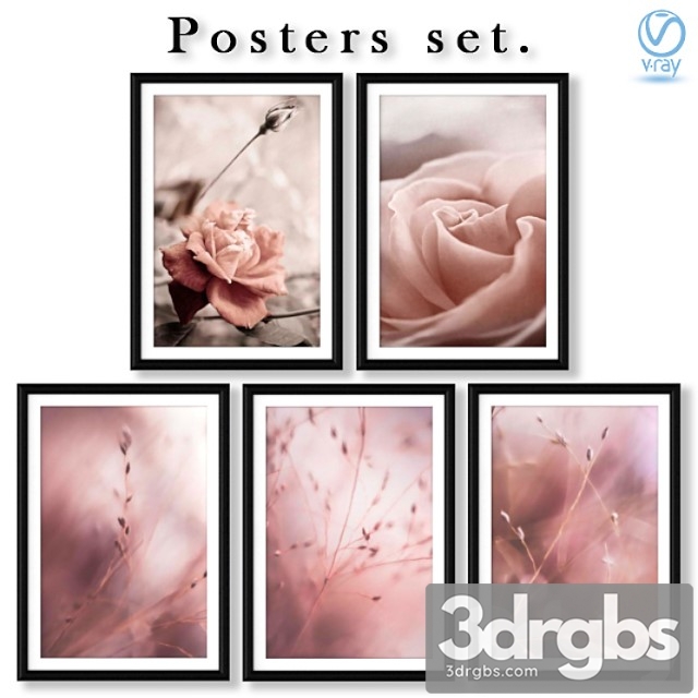 Collection of posters with pink roses and grass. 3dsmax Download - thumbnail 1