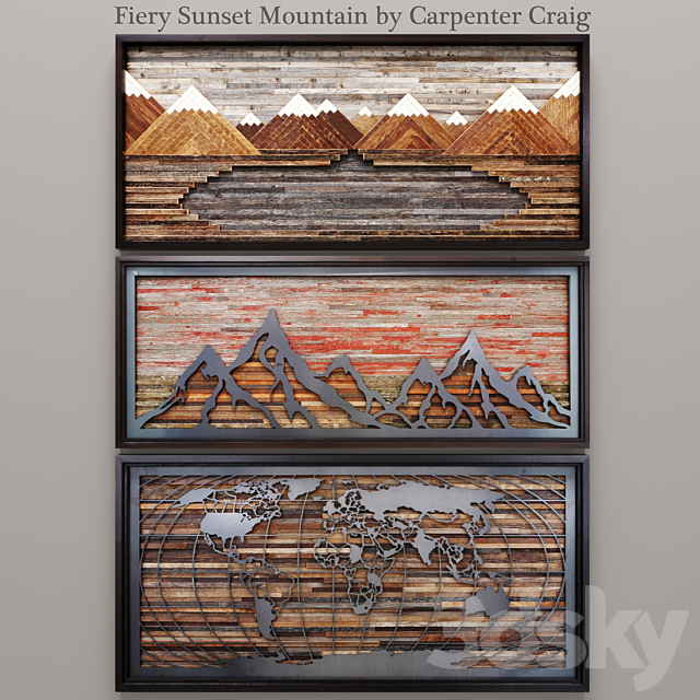 Fiery Sunset Mountain by Carpenter Craig set of paintings panels mountains wall decor wooden slats boards world map 3ds Max - thumbnail 1