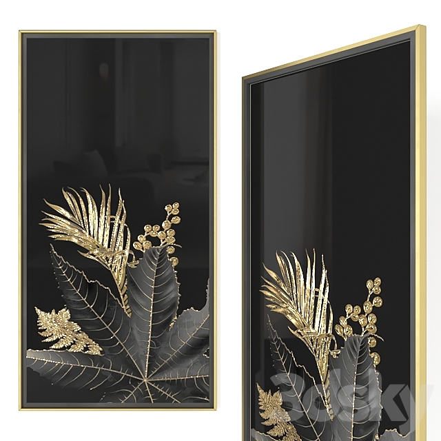 Golden black leaves wall art 3DS Max Model - thumbnail 2