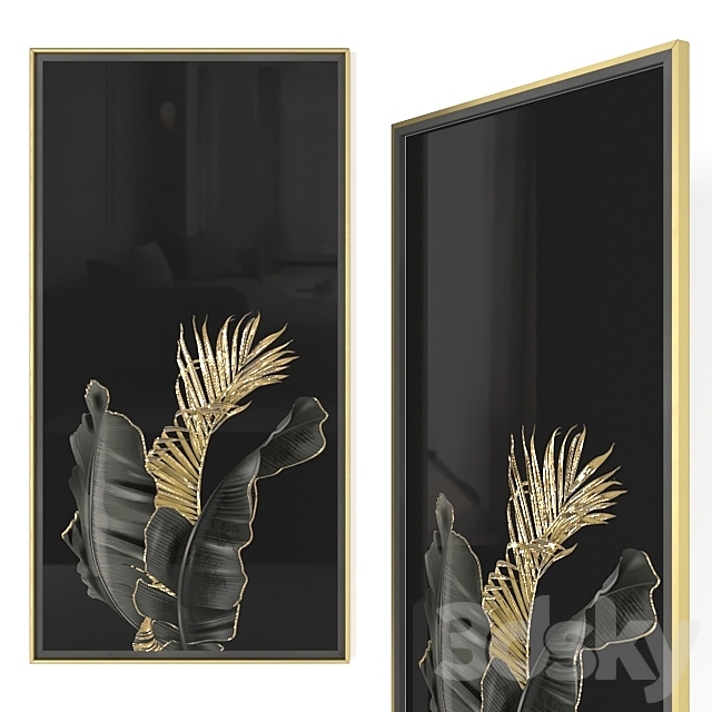 Golden black leaves wall art 3DS Max Model - thumbnail 4