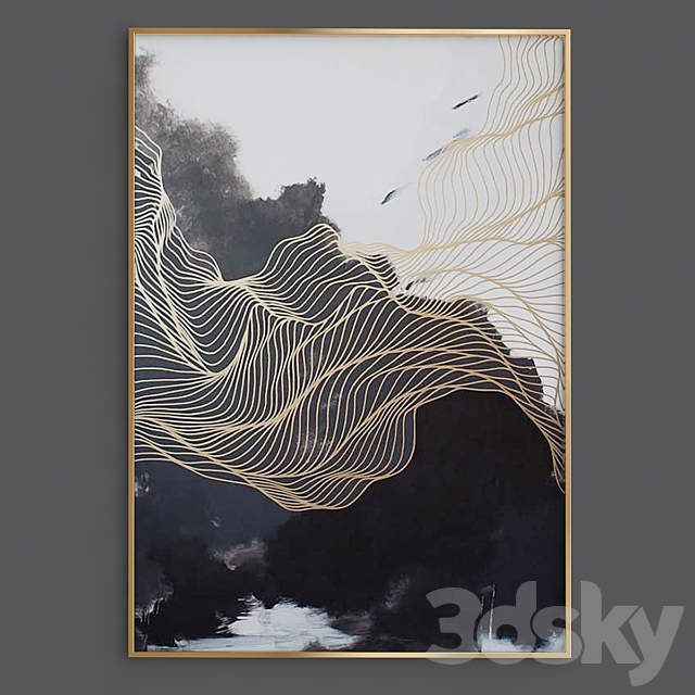 Modern simple abstract print ink gold lines Canvas Painting Picture 3ds Max - thumbnail 1