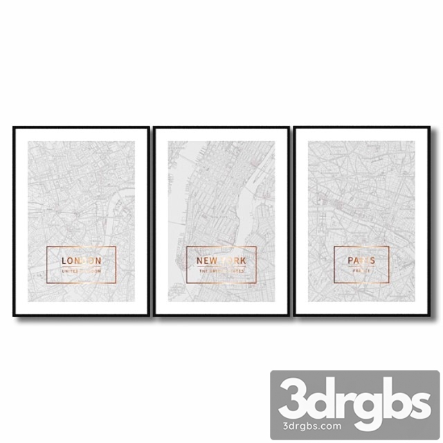 Posters with maps of london paris and new york. 3dsmax Download - thumbnail 1