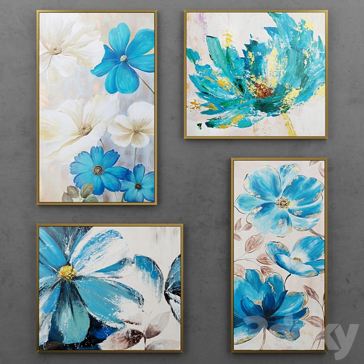 Set of paintings with blue flowers 3DS Max - thumbnail 1