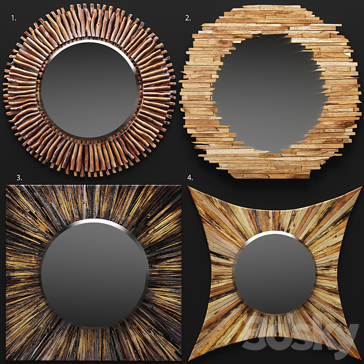 A set of mirrors tree. round wooden eco style design 3DS Max - thumbnail 1