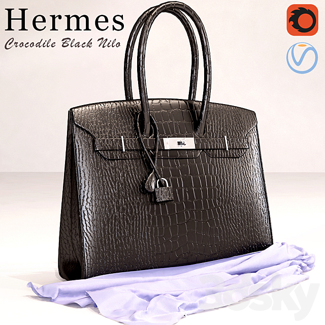 Bag Hermes Black Crocodile Birkin Bag 3DSMax File - thumbnail 1