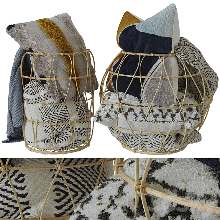 Bamboo basket with decorative pillows and a blanket 3DS Max - thumbnail 1