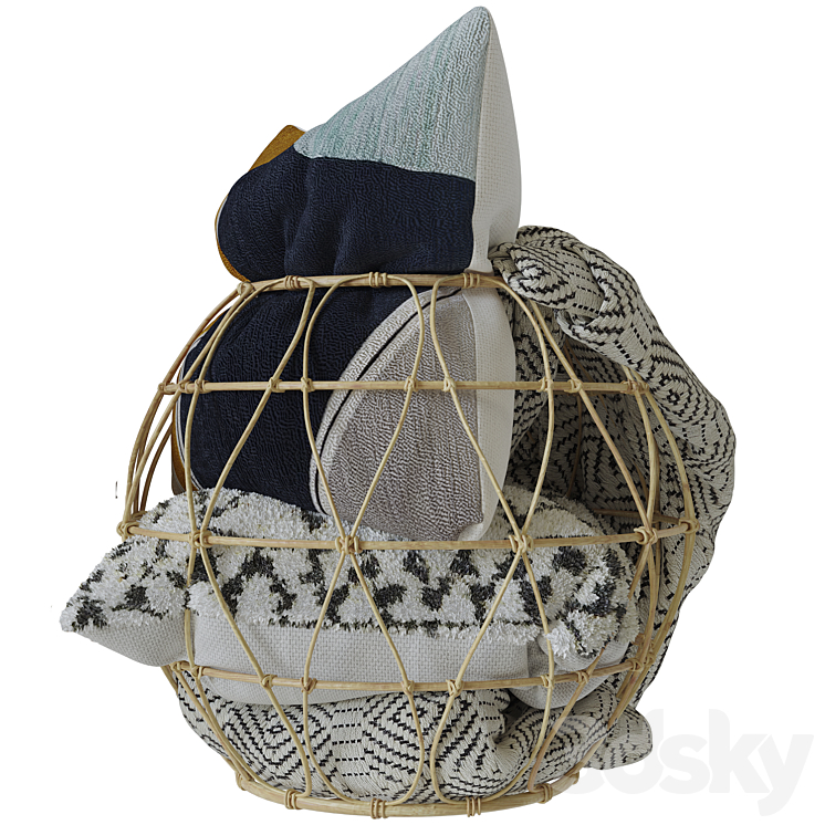 Bamboo basket with decorative pillows and a blanket 3DS Max - thumbnail 2