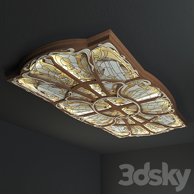 Ceiling stained glass in a wooden frame with forged decor. 3ds Max - thumbnail 1