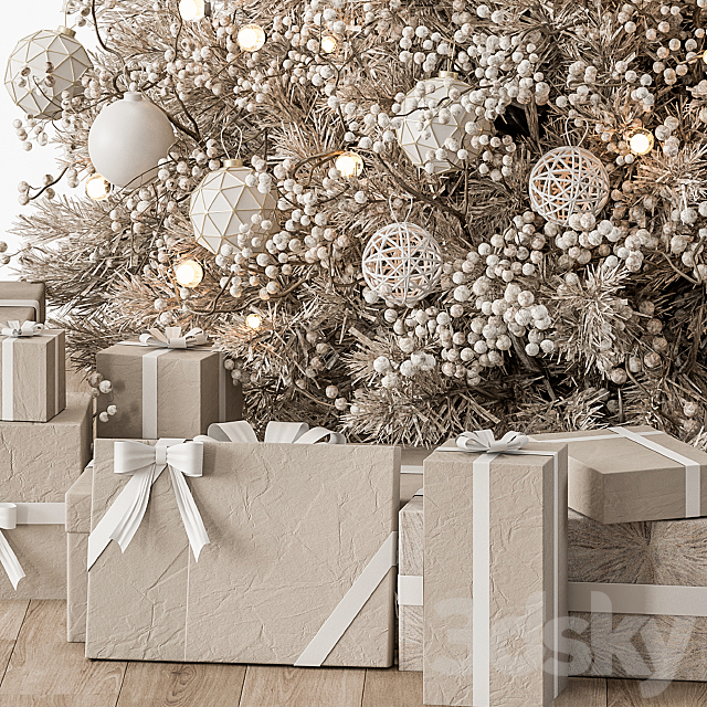 Christmas Decoration 34 – Christmas White and Cream Tree with Gift 3DS Max Model - thumbnail 4