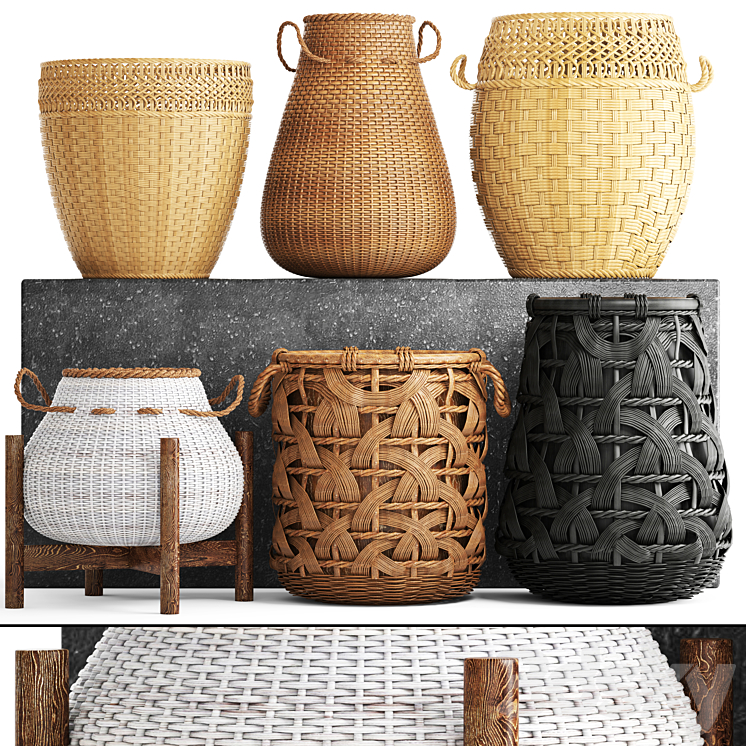 Collection of baskets. Basket collection wicker rattan white basket black basket floral eco ecodesign decor 3DS Max Model - thumbnail 1