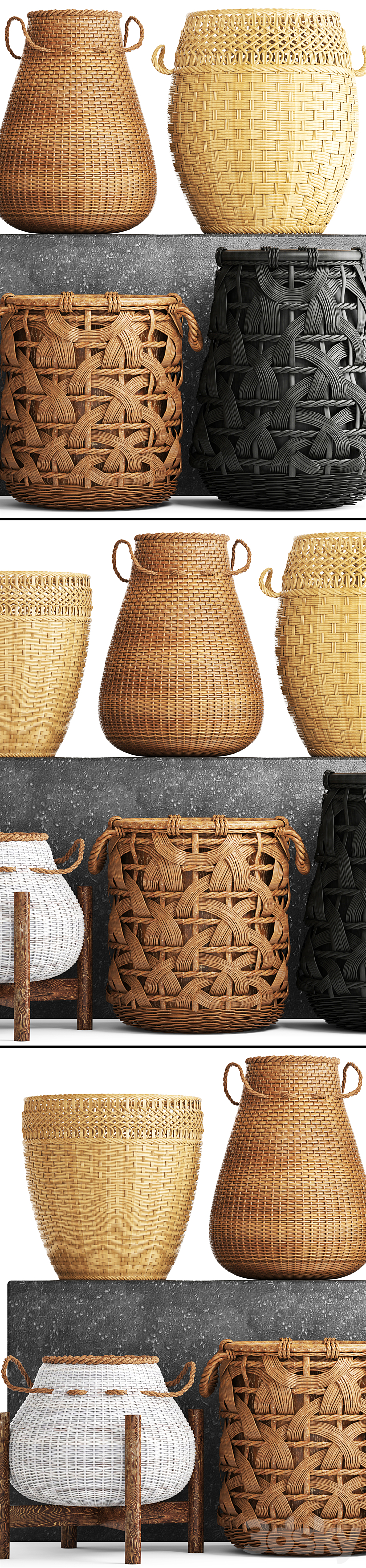 Collection of baskets. Basket collection wicker rattan white basket black basket floral eco ecodesign decor 3DS Max Model - thumbnail 2