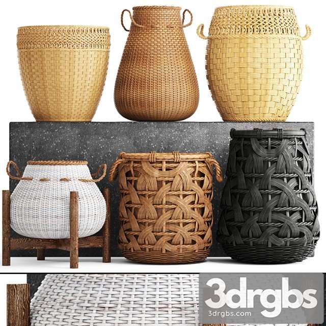 Collection of baskets. basket collection wicker rattan white basket black basket floral eco ecodesign decor 3dsmax Download - thumbnail 1