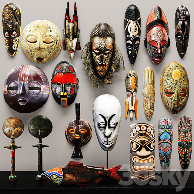 collection of masks and statuettes. 20 pieces set collection mask masks eco design African style figurine wall decor wooden ethnic 3ds Max - thumbnail 1