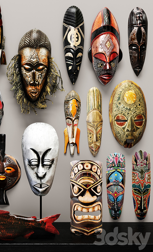 collection of masks and statuettes. 20 pieces set collection mask masks eco design African style figurine wall decor wooden ethnic 3ds Max - thumbnail 2