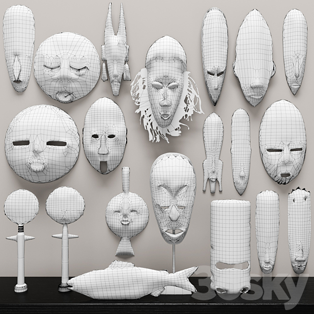 collection of masks and statuettes. 20 pieces set collection mask masks eco design African style figurine wall decor wooden ethnic 3ds Max - thumbnail 3