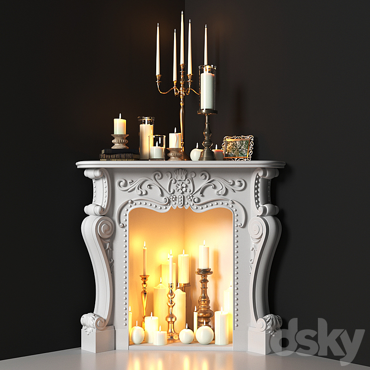 Corner fireplace with candles. Decorative set 3DS Max - thumbnail 1