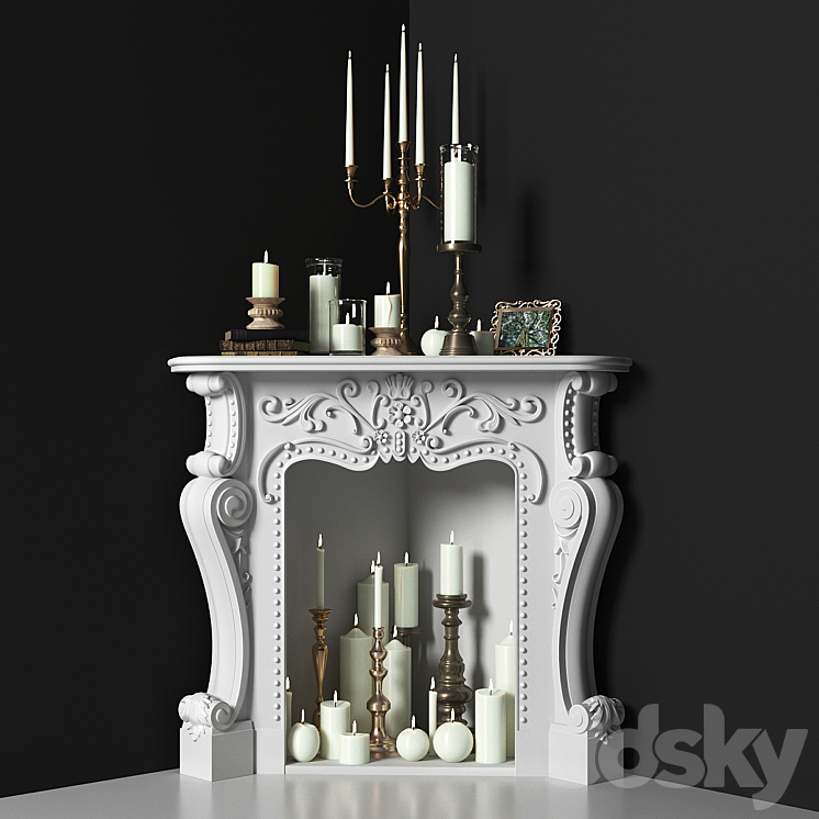 Corner fireplace with candles. Decorative set 3DS Max - thumbnail 2