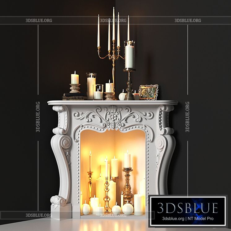 Corner fireplace with candles. Decorative set 3DS Max - thumbnail 3