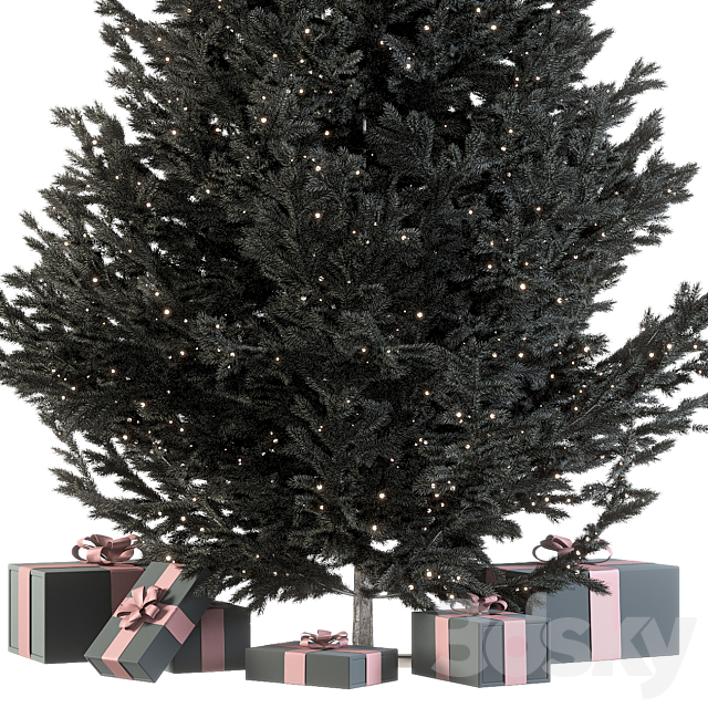 Dark christmas tree with boxes and garland 3DS Max Model - thumbnail 3