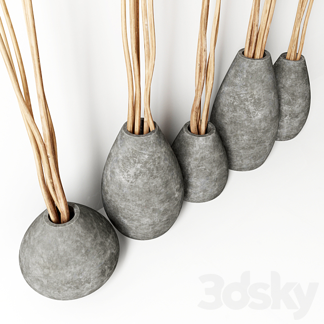 Decor from branches in concrete vases 3DS Max Model - thumbnail 3