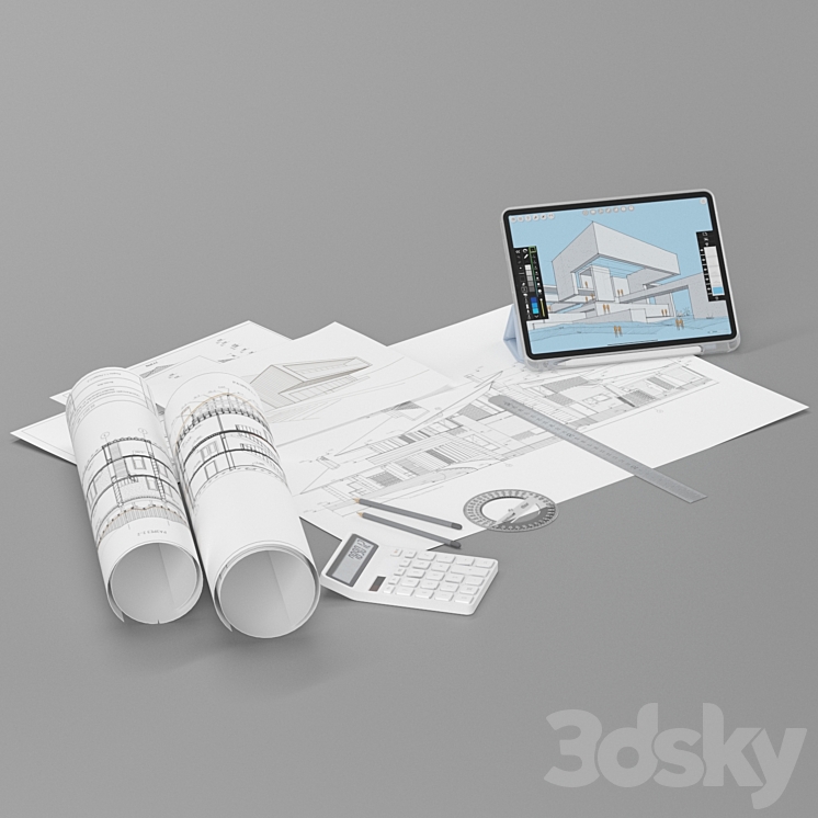Draftsman architect set desktop filling 3DS Max Model - thumbnail 1
