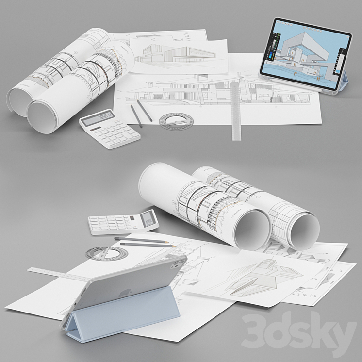 Draftsman architect set desktop filling 3DS Max Model - thumbnail 2