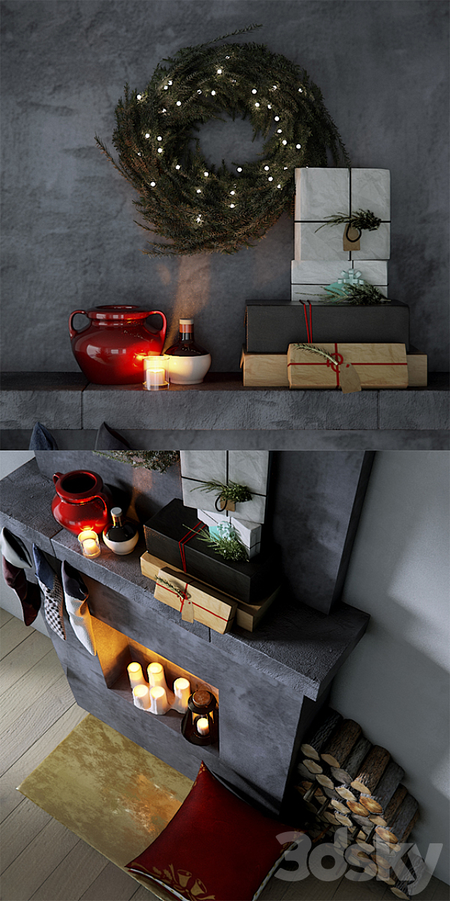 Fireplace with Christmas decor 3DS Max Model - thumbnail 2