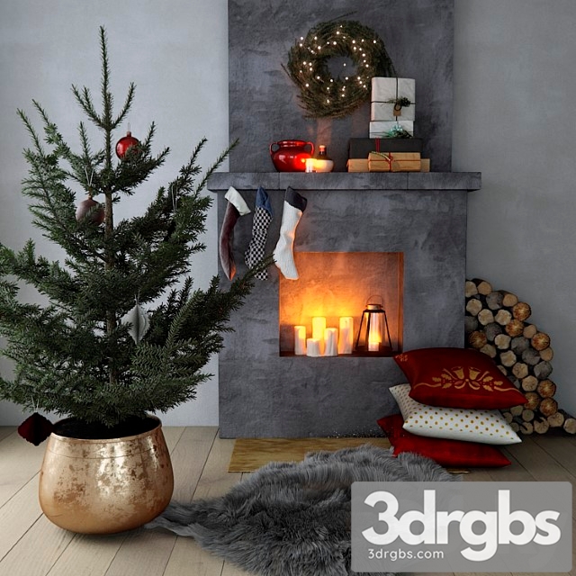 Fireplace with christmas decor 3dsmax Download - thumbnail 1