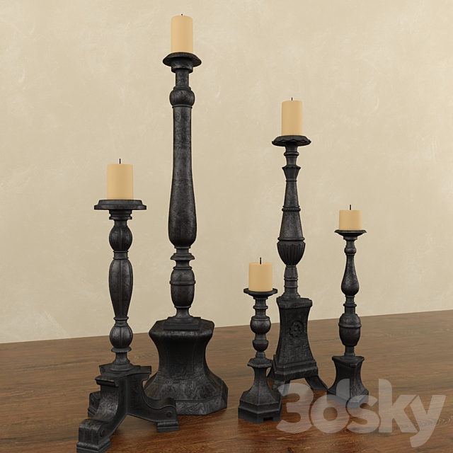 Florentine Carved Wood Candlesticks Black 3DS Max Model - thumbnail 2