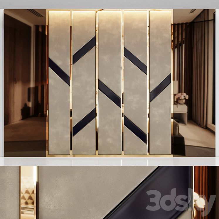 Headboard made of bronze mirror and soft beige panels 3DS Max - thumbnail 1