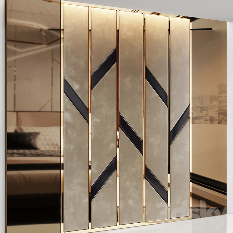 Headboard made of bronze mirror and soft beige panels 3DS Max - thumbnail 2