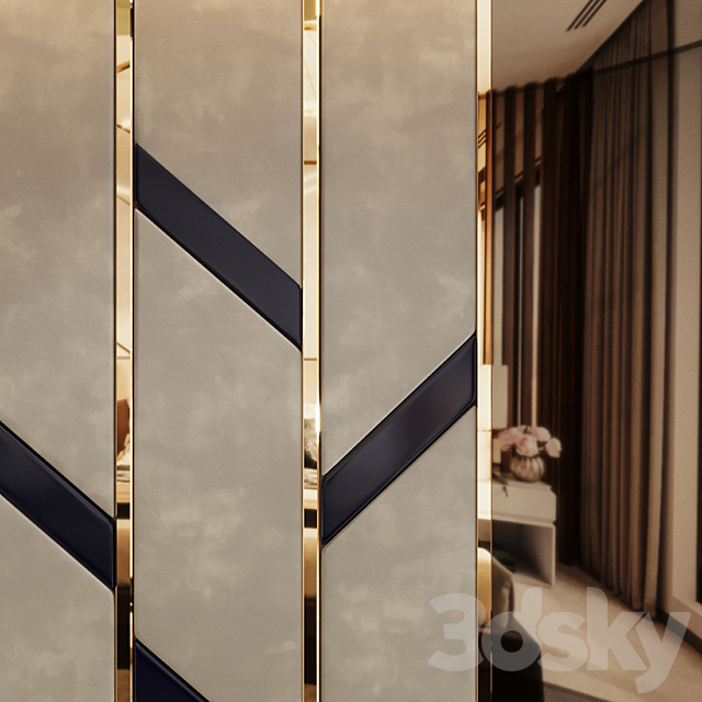 Headboard made of bronze mirror and soft beige panels 3DS Max Model - thumbnail 4