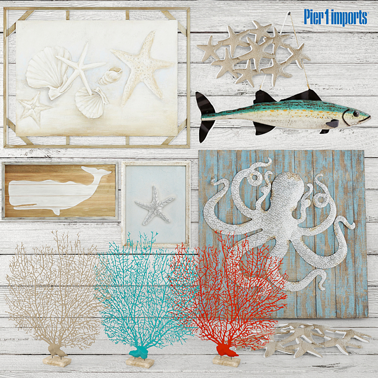 Marine decorative set. pier1 painting marine style decor wall wooden coral octopus 3DS Max - thumbnail 1