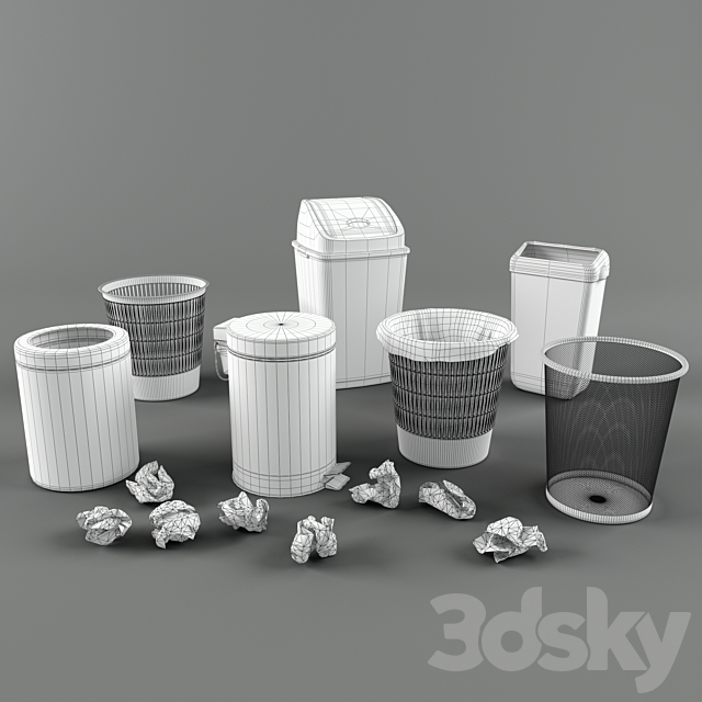 Set of trash cans and crumpled paper 3DS Max Model - thumbnail 5