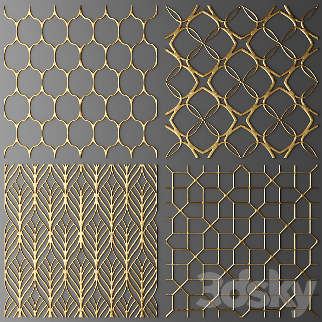 Set. The panel grille. Panel grille. Lattice panel pattern art abstraction decorative interior wall decor gold luxury 3DS Max Model - thumbnail 1