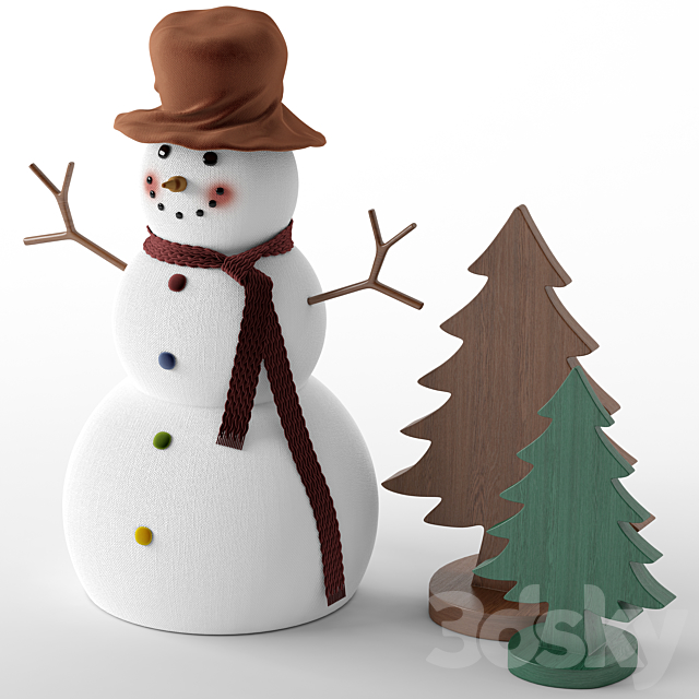 Snowman and wooden christmas tree 3DS Max Model - thumbnail 3