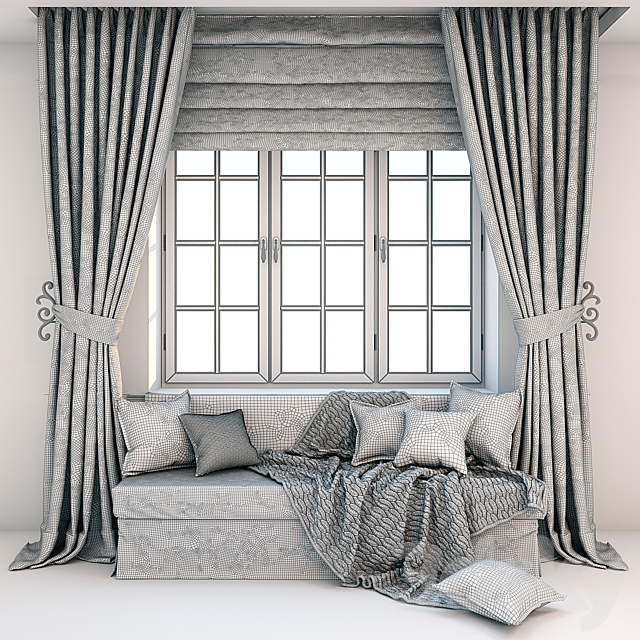 Soft window area – sofa with cushions blankets and curtains 3ds Max - thumbnail 2