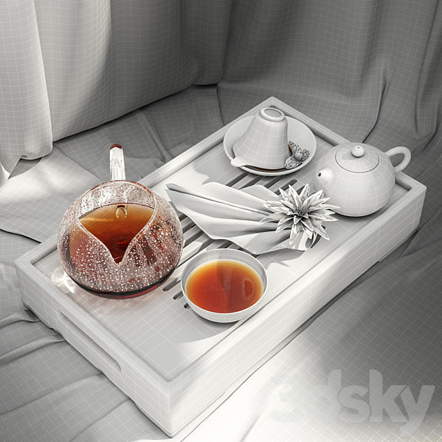 Tray with tea napkins mint leaves and lily 3DS Max Model - thumbnail 2