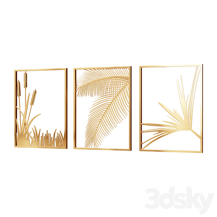 Wall Picture 3 Pieces Modern Gold Metal Wall Decor Plant Art with Rectangle Frame Wall Decor 3DS Max Model - thumbnail 1