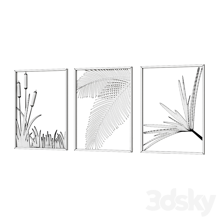 Wall Picture 3 Pieces Modern Gold Metal Wall Decor Plant Art with Rectangle Frame Wall Decor 3DS Max Model - thumbnail 2