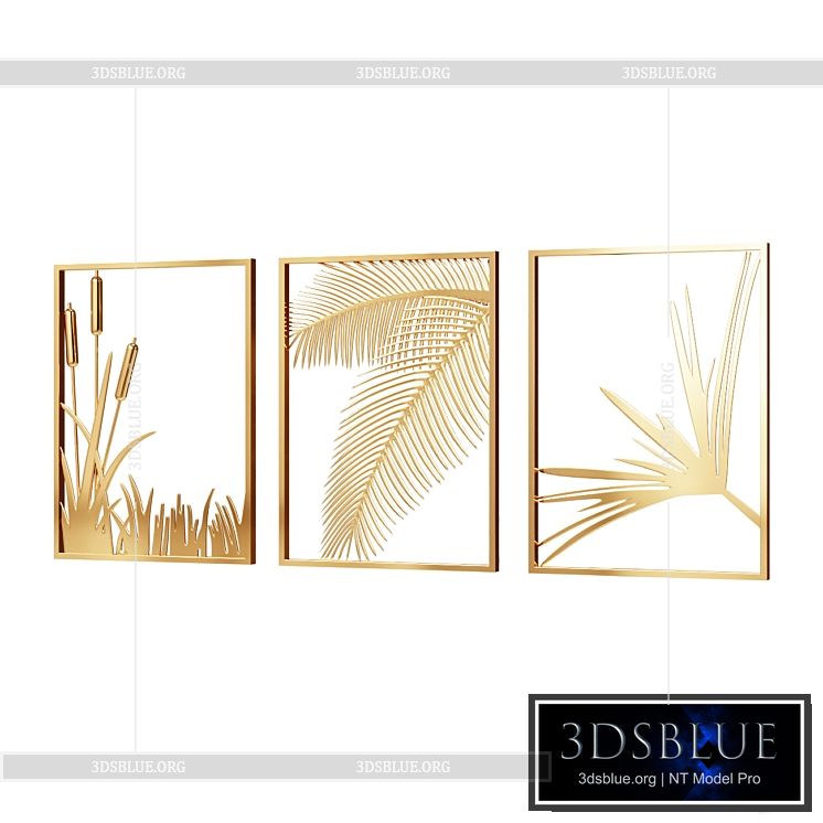 Wall Picture 3 Pieces Modern Gold Metal Wall Decor Plant Art with Rectangle Frame Wall Decor 3DS Max - thumbnail 3