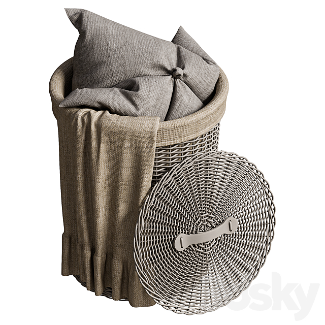 Wicker basket with pillow and blanket 3DS Max Model - thumbnail 2