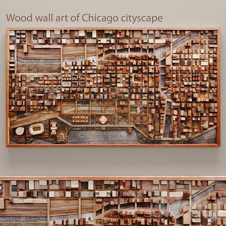 Wood wall art of Chicago cityscape wall decor plank panels wooden decor boards wooden wall panel slats city picture frame panel 3DS Max - thumbnail 1