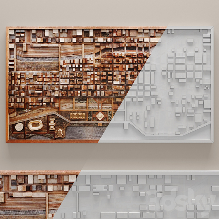 Wood wall art of Chicago cityscape wall decor plank panels wooden decor boards wooden wall panel slats city picture frame panel 3DS Max - thumbnail 2